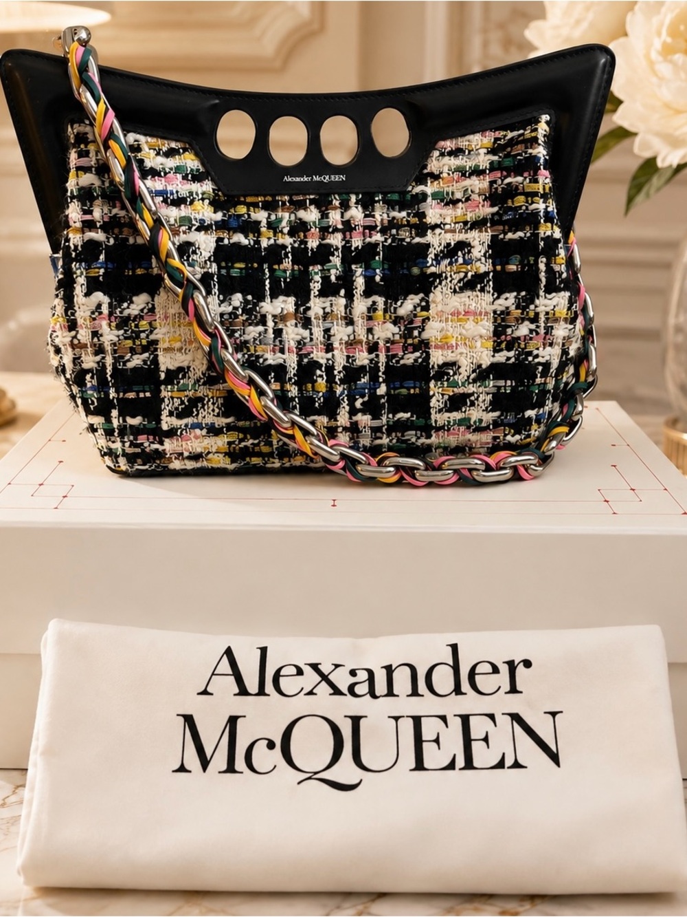 Alexander McQueen Small Peak Shoulder Bag Tweed Leather Multicolor Chain